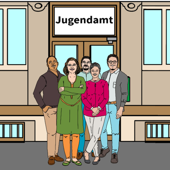 Männer und Frauen stehen vor einem Haus.  Über der Tür steht ds Wort: Jugendamt.